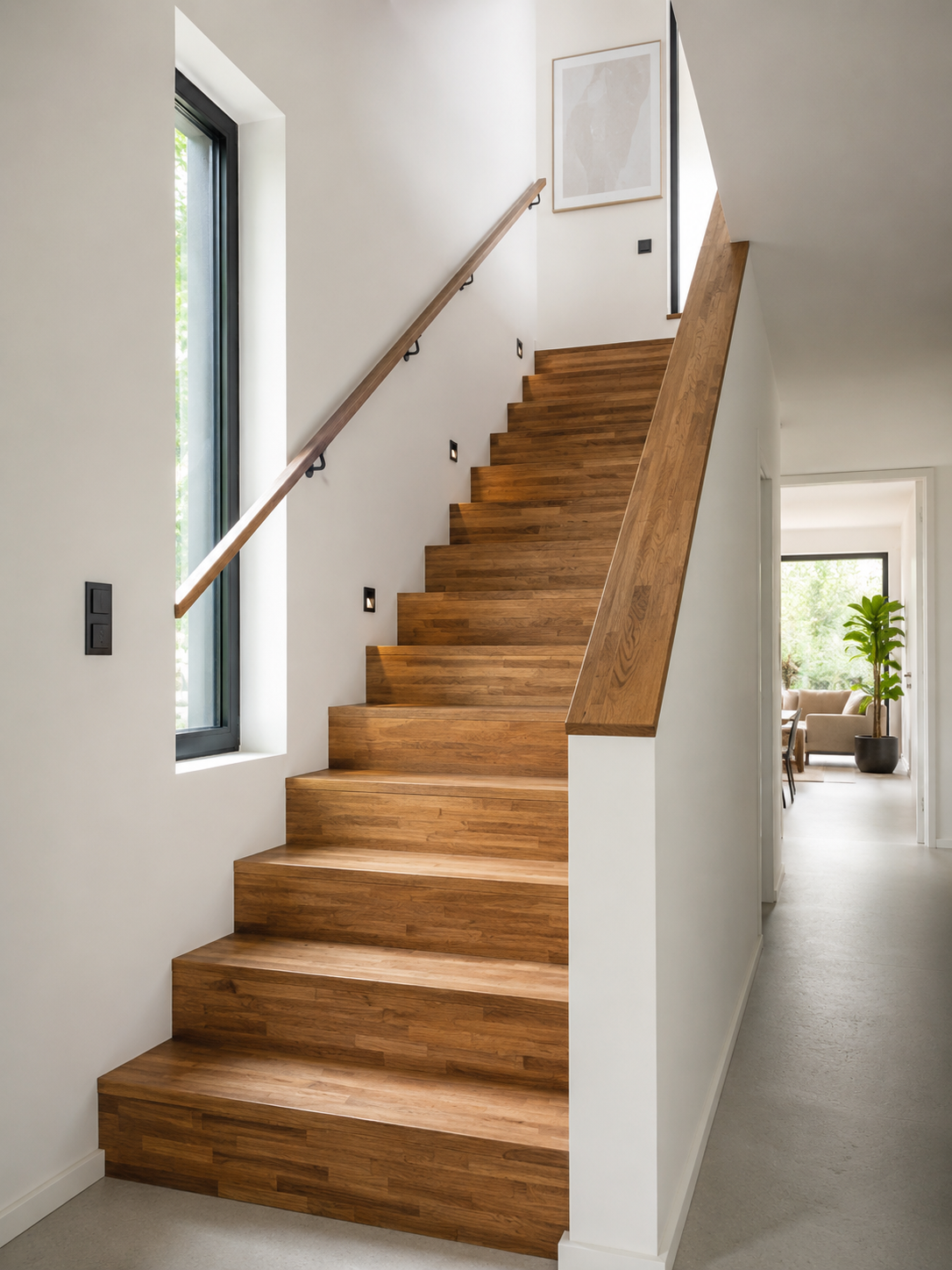 Solid acacia wood staircase in modern European home