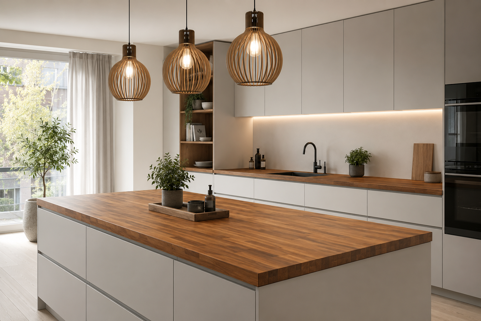 Solid wood kitchen island with acacia worktop